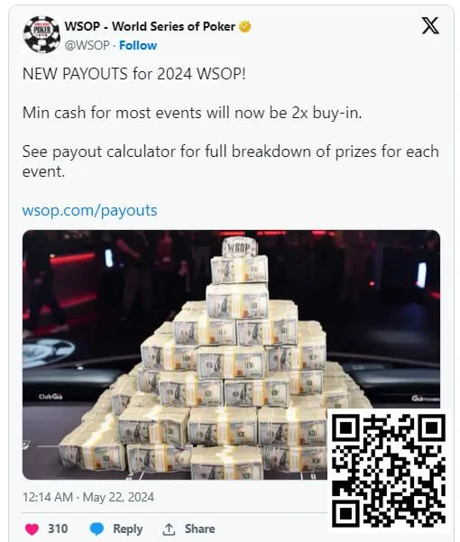 【EV扑克】2024年WSOP奖金结构升级，蕞低可拿到两倍门票钱