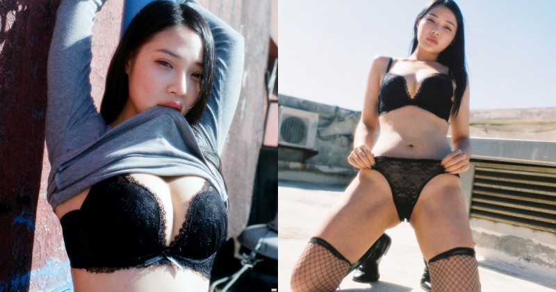 大膽愛人！「蕾蕾」頂樓放肆掀衣挑逗，黑蕾絲套裝「裸露美體」邀你野愛！